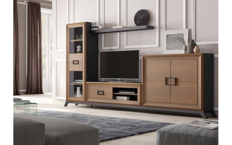 Mueble de salón moderno con vitrina y bajo TV con estante ideal para tener la televisión bien integrada y el salón más ordenado.