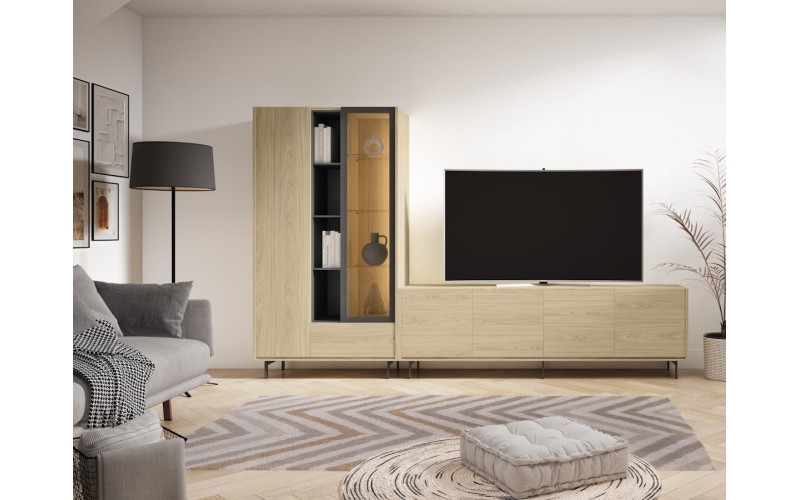 Mueble de salón moderno con mueble TV y vitrina con LED, ideal para aprovechar el espacio vertical y mantener el salón ordenado