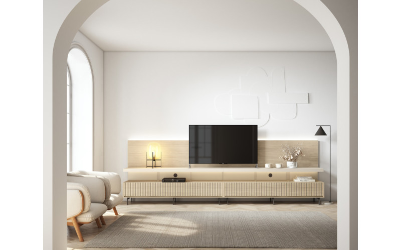 Mueble de salón moderno con mueble TV y panel con luz,  perfecto para crear un ambiente cálido y un diseño elegante en el salón