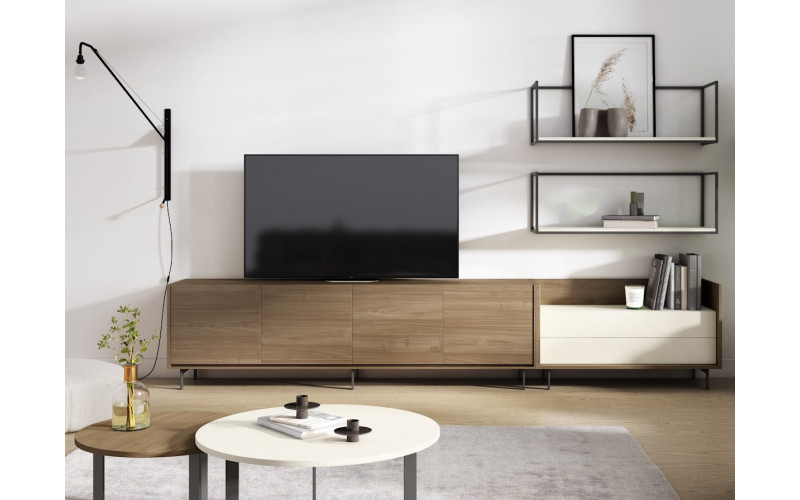Mueble de salón moderno con mueble TV y estantes colgantes, ideal para integrar la televisión y mantener el salón ordenado