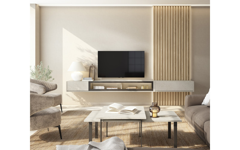 Mueble de salón moderno con módulos TV colgados y panel alistonado con iluminación LED, aporta calidez y estilo.