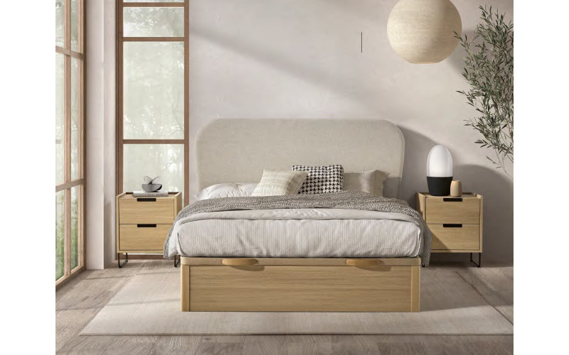 Canapé Comfort 3D de madera con amplio arcón y tapa 3D transpirable para ganar espacio de almacenamiento.