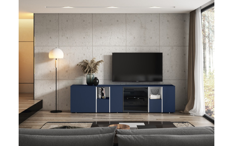 Mueble TV moderno con puerta de cristal y acabado en azul que aporta un estilo diferente y con personalidad al salón