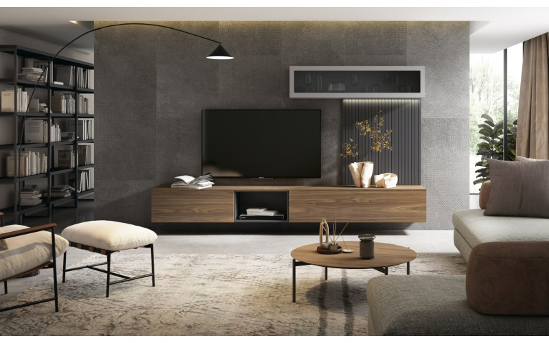 Mueble de salón moderno con panelado decorativo e iluminación integrada que aporta una composición limpia y ordenada