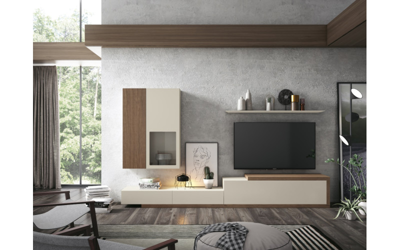 Mueble de comedor moderno con distribución abierta que aporta una zona de TV más ligera y despejada dentro del salón