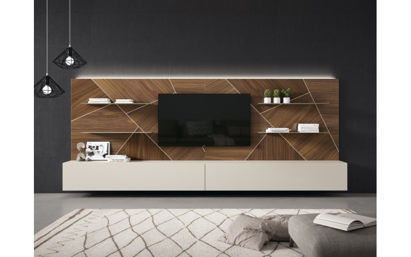 Mueble de salón moderno con panel de marquetería e iluminación integrada que aporta un estilo más decorativo dentro del salón
