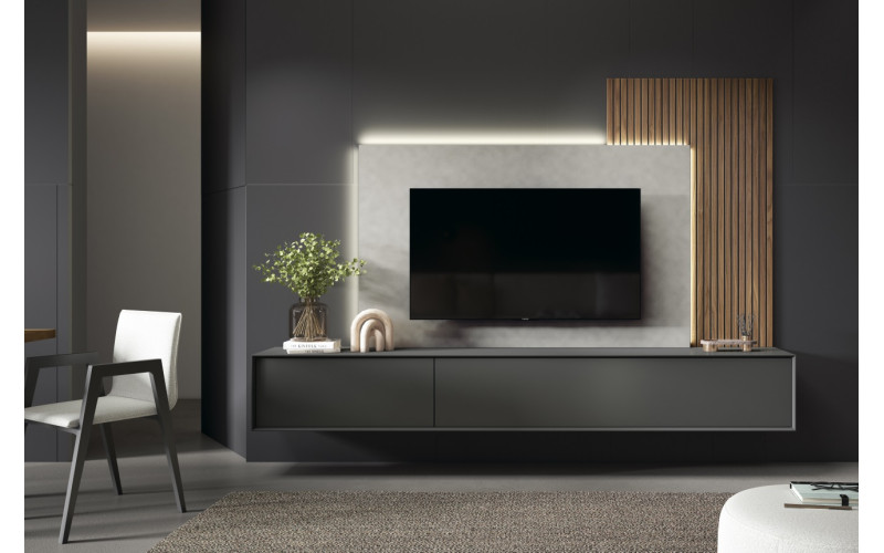 Mueble de salón moderno con panel iluminado que aportan una zona de TV más llamativa y con una imagen más cuidada