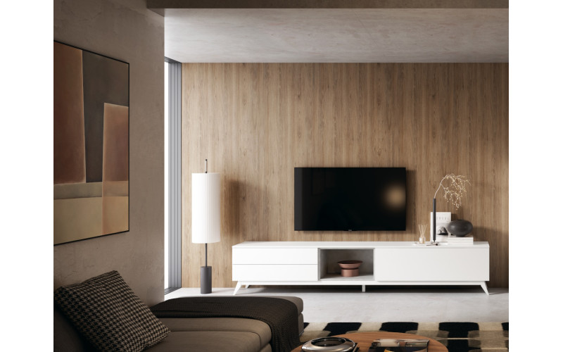 Mueble TV moderno con un diseño sencillo y funcional pensado para crear una zona de televisión práctica y bien organizada