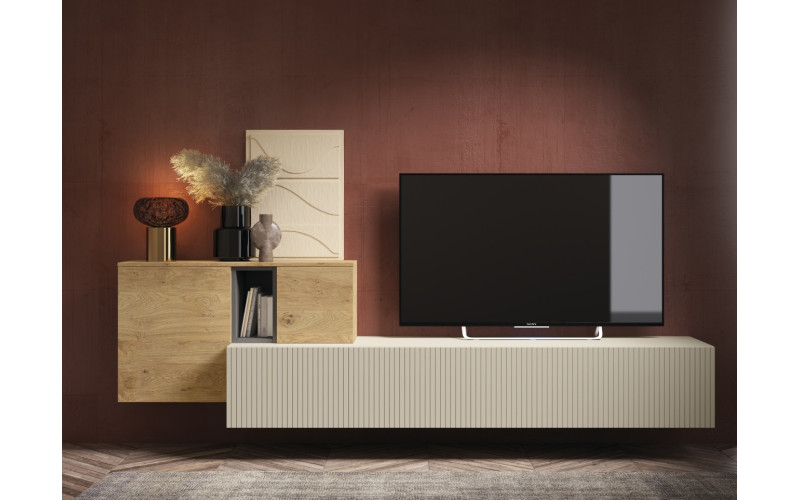 Mueble TV moderno con módulos a distintas alturas que combinan almacenaje y decoración en una composición original y funcional